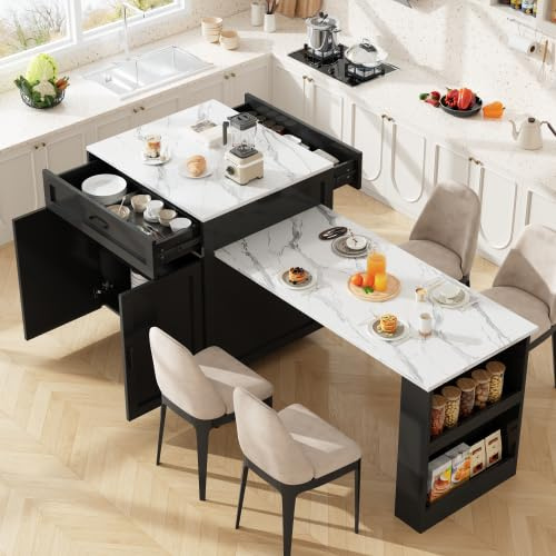 Henjda Isla de cocina con ruedas, mesa alta extensible con espacio de almacenamiento, con 2 cajones y 2 compartimentos, carrito de cocina con estantes laterales, para cocina y comedor, 133-202 x 70 x