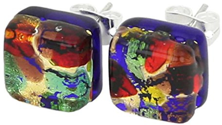 Pendientes de cristal de Murano de Venecia con cuentas italianas trabajadas con lámparas. Pendientes Cuadrados Multicolores de Vidrio Soplado Hechos a Mano - Pendientes de Cristal de Murano para Mujer