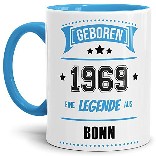 Geburtstags-Tasse Geboren 1969 eine Legende aus Bonn Innen & Henkel Hellblau/Geschenk/mit Spruch/Mug/Cup/Becher/Qualität made in Germany