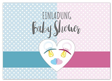 8 x Einladung Baby Shower Party/Einladungskarten mit Umschlag im Set/Motiv: Herz mit Schnuller Blau Rosa/Babyparty Karte/Postkarte /