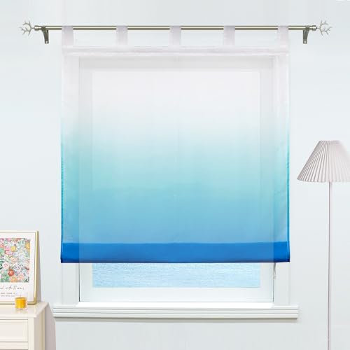 ESLIR Raffrollo mit Schlaufen Gardinen Küche Raffgardinen Transparent Schlaufenrollo Vorhänge Farbverlauf Voile Blau BxH 100x140cm 1 Stück