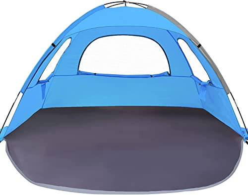 NXONE Tente de plage pour 2 à 3 personnes avec protection UV, sol étendu, 3 fenêtres enroulables en maille et tiges en fibre de verre de 8 mm. Sac de transport, piquets, haubans inclus (bleu ciel)