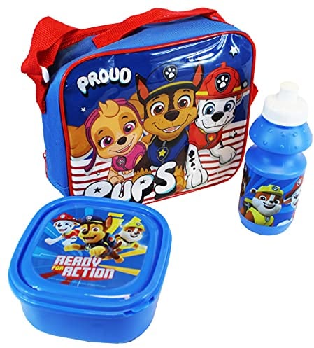 Just Character 3 Piece Lunch Bag with Sandwich Lunch Box and Water Bottle with Different Cartoon Characters (Paw Patrol)