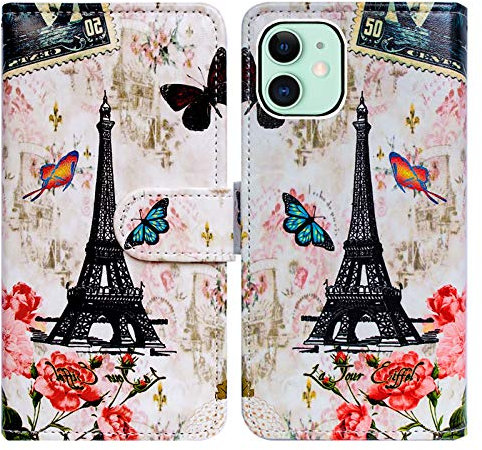 Bcov iPhone 13 Mini Case, Paris Tower Butterfly Leather Flip Phone Case Wallet Cover with Card Slot Holder Kickstand For iPhone 13 Mini