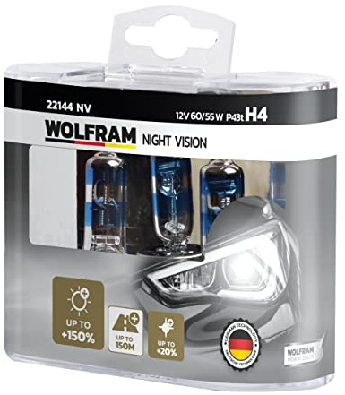 Wolfram NIGHT VISION HALOGEN BULB H4, +150% extra light +20% whiter light, 12V, 60/55W, 22144NV, DuoBox (2 lamps)