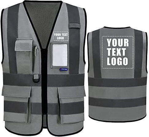 6XL 7XL 8XL sicherheitsweste grau Personalisierte bedruckbare Warnweste aufdruck mit Text oder mehrfarbigem Logo und Mehreren Taschen, Warnschutz Arbeitsweste Sicherheitsweste mit bedruckbare
