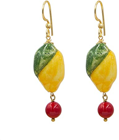 MARARDI Ohrringe Damen Italienische Keramik aus Caltagirone [Zitrone mit Rotem Ball] Lange Handmade Italienischer Schmuck Elegant Originale für Alltag Events Hochzeiten besondere Anlässe