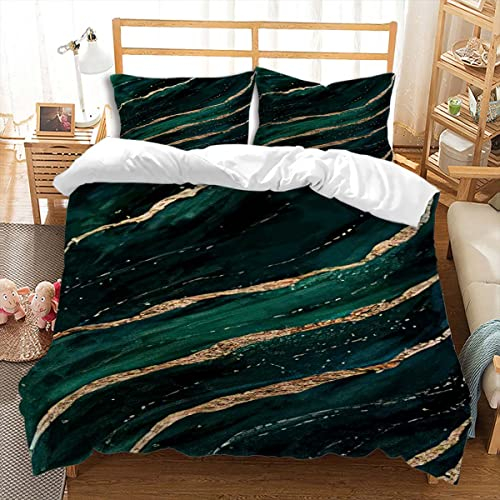 huitutu Gold Grün Bettwäsche Set 200x200cm Jungen Mädchen Marmorierte Mikrofaser Bettwäsche Gold Twill Streifen Weiß Punkt Muster Grün Bettbezug und 2 Kissenbezug 80x80cm