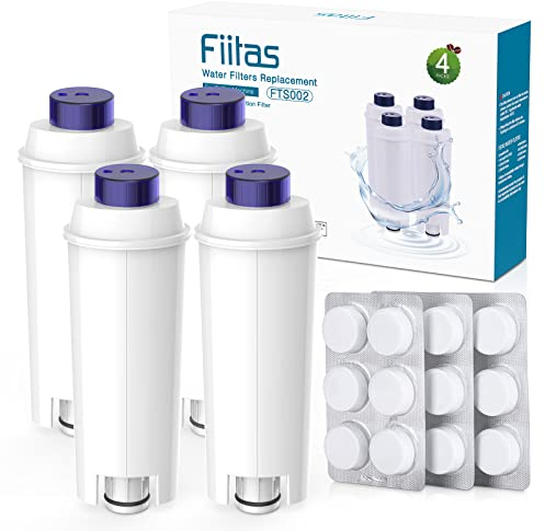 Fiitas DLSC002 Filtros de agua y Pastillas para Descalcificación 18 piezas para la máquina de café Delonghi Magnifica s Dinamica, ECAM, ESAM, ETAM Series, Ablandar agua, reducir la cal (4 paquetes)