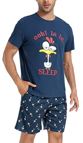 Jezonga Schlafanzug Herren Kurz Pyjama Baumwolle Lustig Bedruckt | Shorty Nachtwäsche Zweiteilige Pyjamas mit Hahn T-Shirt und Schlafanzughose für Männer