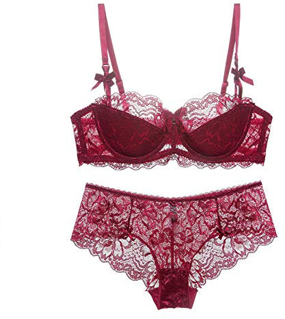 Necalisi Bras Wine red Lingerie for Women Floral Lace Bra with Embroidery Bra with Half Cup Bra and Knickers Set (Underwire Lingerie Set) deep Plunge Bra 85C