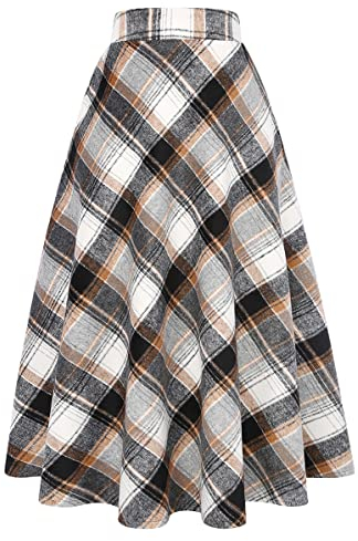 IDEALSANXUN Damen Plaid Wolle Röcke Elastische Taille A-Linie Plissee Tartan Lange Röcke, Grau / Braun, 3X-Groß