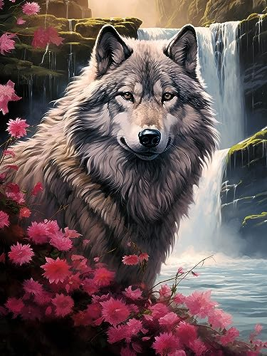 Pavemlo 5D DIY Diamond Painting Kits Loup Cascade, Diamant Peinture Point De Croix Broderie Animal, Strass Complet Image Arts Pour Peinture Salon Chambre Décoration Sticker Mural 30X40cm