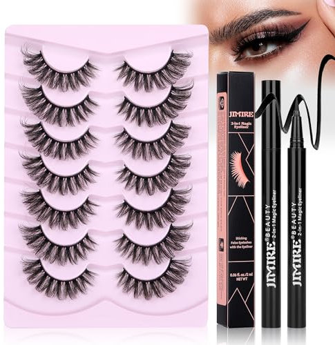 JIMIRE False Eyelashes Wispy Fluffy Cat Eye 6D Volume Russian Strip D Curl Faux Mink Lashes with 2 in 1 Magic Eyelash Glue and Tweezers Look Like Lash Extension 7 Pairs Pack