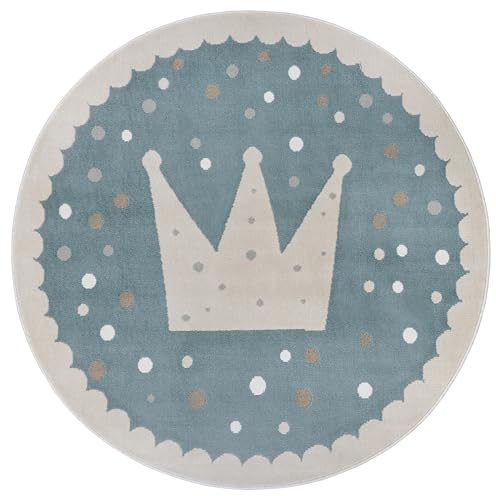 Hanse Home Adventures Kinderteppich Rund - Krone Muster Teppich Junge Mädchen für Kinderzimmer, Spielzimmer, Jugendzimmer, Wohnzimme - Blau Creme, 100cm