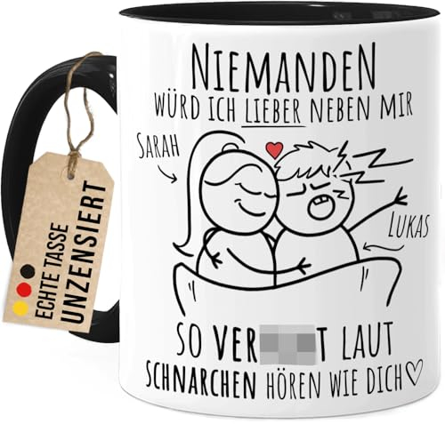 Tassenliebling® Pärchen Tasse personalisiert Schwarz - Niemanden würd ich lieber Schnarchen hören - Lustiges Geschenk für Männer zum Jahrestag - Liebesgeschenke Mann - Valentinstag