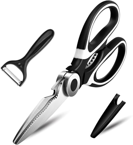 KISUOMAOYI Heavy Duty Kitchen Scissors, Sharp Multipurpose Utility Stainless Steel Scissor, Kitchen Shears for Chicken, Meat, Vegetables, Herbs, BBQ,Bottle Opener,Paired with a Black Peeler(Black)