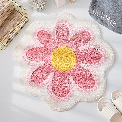 Badezimmerteppich mit Niedlichen Blumen, 60 Cm, Kleiner Runder Teppich, Weiche, Saugfähige Matte, Rutschfeste, Waschbare Fußmatte für Badewanne, Schlafzimmer, Böden, Kinderzimmer, Eingang(Rosa)