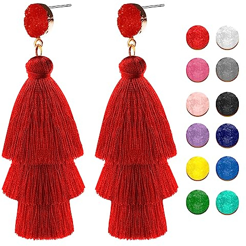Red Layered Tassel Earrings,Bohemian Layered Tassel Wire Earrings,Bohemian Big Dangle Drop Earring,Stylish And Simple Women's Earring,Christmas,Carnivals,Birthday,Weddings,Party,Valentine Day Gift