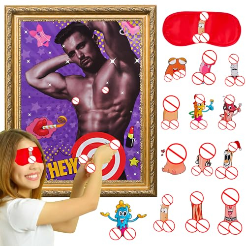 14PCS Bachelorette Party Favors Girls Night Out Party Games, Pin The Stickers On The Hunk Poster for Adults Indoor Outdoor, 12 Players Hen Party Games for Beach Swimming Pool Decorations Bridal Shower