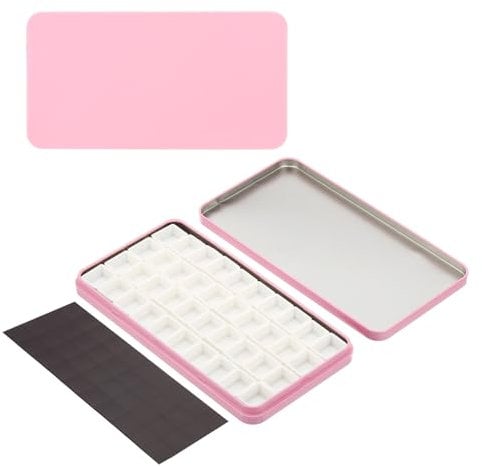 PATIKIL Empty Watercolor Palette, Metal Watercolor Tin with 40pcs Half Pans and Magnetic Sticker Paint Case with Lid Paint Box for Travel Gouache, Pink