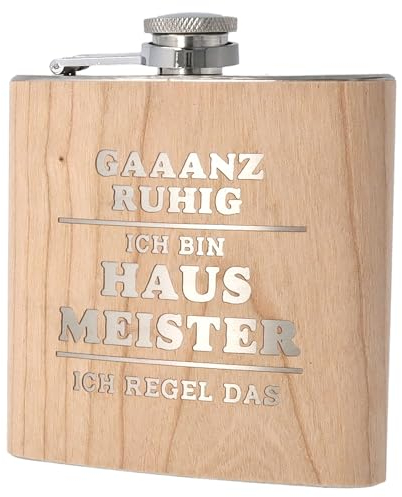 Spruchreif | Flachmann aus Edelstahl mit Gravur | Flachmann aus Holz | Outdoor Geschenk | Geschenkidee Hausmeister | Hobbyhandwerker