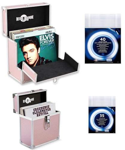Retro musique Aluminium 12 Vinyl Record Storage Case with 40 Outer Sleeves & 7 Vinyl Record EP Storage Case with 35 Outer Sleeves (Rose Gold)