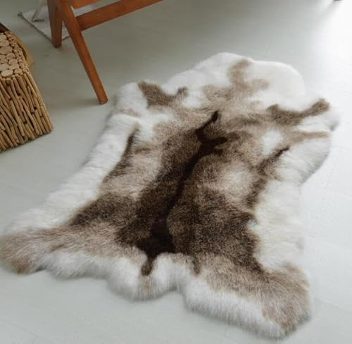 SYLUOQP Kunstfell Rentier Teppich Schlafzimmer - weiches Rentier Fellimitat als Wohnzimmerteppich - Fellteppich Bettvorleger Schlafzimmer weiß-braun 120 x 95 cm