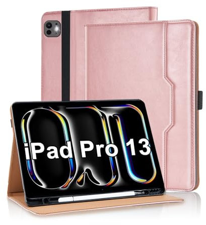 Vkooer Coque pour iPad Pro 13 Pouces M4 (2024), Housse Cuir PU Case [Réveil/Veille Automatique] Etui de Protection avec Support Fonction FILP Cover, Poche Avant pour iPad Pro 13, Or Rose
