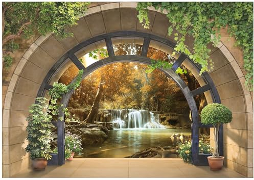 WallArena - Vlies Fototapete Wasserfall Fensterblick 200x140 cm - Fototapeten - Tapeten - für Wohnzimmer Schlafzimmer - Vliestapete Wandtapete Tapete 3D Effekt- inkl. Kleister - Landschaft Wald