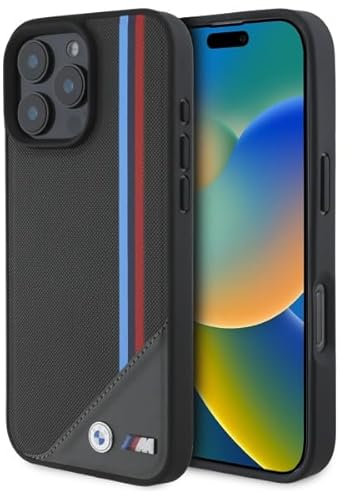 CG MOBILE BMW HC M Phone Case Designed for iPhone 16 Pro Max, Durable, Shock Proof, Compatible with Magsafe, PU Meshed Tricolor Stripes Case Antracite
