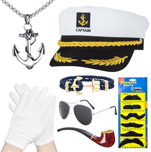 Giugio Yacht Kapitän Hut Kapitän Kostüm Zubehör, 7Pcs Kapitän Kostüm, Verstellbare Yacht Schiff Boot Marine Mütze Mit Sonnenbrille, Handschuhe für Damen Männer für Karneval Mottoparty Partys Cosplay