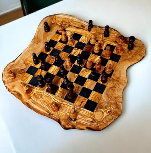 Set di scacchi artigianali in legno di ulivo con forma organica unica, elegante scacchiera decorativa con intricati pezzi intagliati per gli appassionati di scacchi (25 x 25 cm, area di gioco 16 x 16