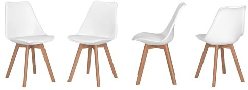 sinlikon Sillas de Comedor Pack Silla Escandinava Ergonómica,pies de Madera Maciza y cojín de Espuma Suave (Blanco-Pack 4)