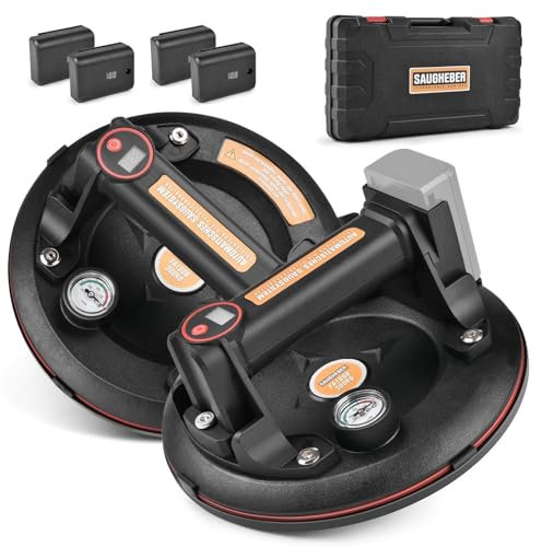 2X Elektrischer Saugheber inkl 4 Akku, Glasheber mit Manometer Max.300kg, 200mm Vakuum Saugnapf Fliesenheber mit Kasten, Glassauger Saughalter Plattenheber Saugnäpfe für Laminat,Fliesen,Glas,Marmor