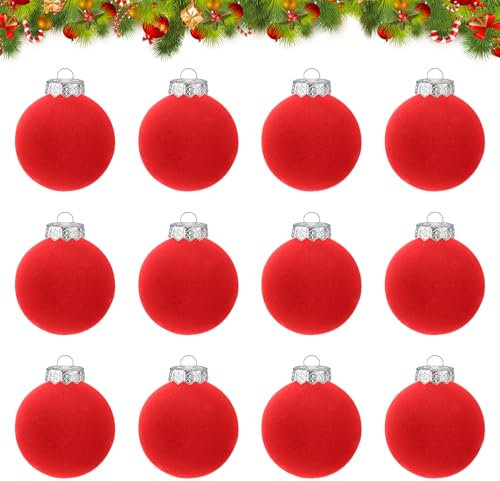 Weihnachtskugeln Samt, 12 Stück Christbaumkugeln Weihnachtsbaum Kugel Weihnachtsdeko Rote Samt Weihnachtskugeln Christbaumkugeln Rot Weihnachtsbaum Deko für Weihnachtsbaumschmuck, 6CM (Rot)