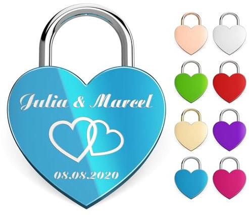 Lucchetto a forma di cuore con incisione – Lucchetto dell'amore personalizzato in blu – Personalizzato con nome, data e motivo – Regalo romantico per matrimonio, San Valentino e coppie
