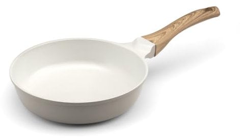 Cuisinox - Mythic - Poêle 20 cm avec revêtement en céramique blanche - Poignée Fixe Soft Touch effet bois - Sans PFOA et PFAS - Coloris Blanc et Gris