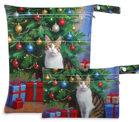 Amooorous Cartoon Cute Merry Christmas Cat zippered wet dry bag for breast pump parts 2 Pack wet bag for swimsuit with handles for daycare, baby diapers