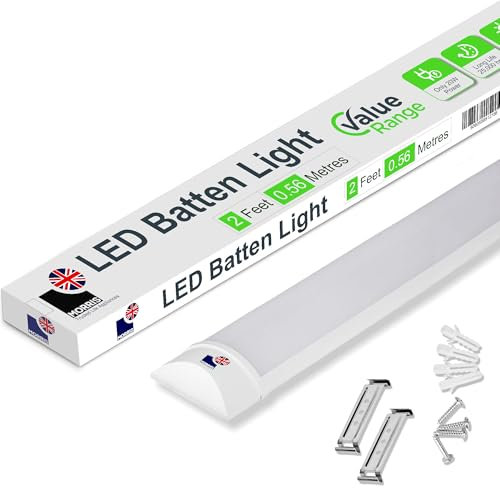 Morris LED Batten Light 2ft - 20W 2400LM, IP20 Rated, 6500K Bright Daylight, Single Light for Basement, Garages, Retail Shelving - Value Range