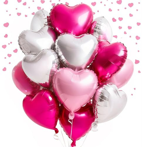 Ballon Coeur,12 pcs Ballons Argent Rose Baudruche en Forme de Coeur, Ballons Gonflables Helium Coeur pour Saint Valentin, Anniversaire, Mariage, Fête D'enfants, Baby Shower Décorations