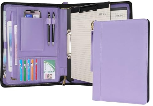Wason Porte-documents A4 avec Fermeture Éclair - Padfolio en Cuir PU avec Classeur à Anneaux Détachable et Support Bloc-Notes, Organiseur Conférence Multi-Poches pour Bureau Voyage École(Violet)