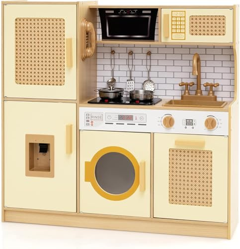 RELAX4LIFE Cocina Juguete con Sonidos y Luces Reales, Cocinita de Madera Infantil con Cafetera, Teléfono, Estufa, Dispensador de Agua, Campana Extractora y Utensilios para Niños 3+ Años (Amarillo)