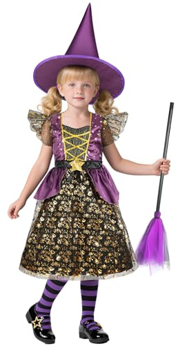 BSBUY Halloween Kostüm Kinder 4PC Schwarz Lila Hexenkostüm Set mit Hexenkleid/Zaubererhut/Hexen-Zauberbesen/Tattoo-Aufkleber Zauberer Kostüm Kinder Hexenkostüm Mädchen für Karneval Fasching Cosplay