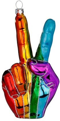 Christbaumschmuck Glas 14,5cm - Victory Zeichen in Regenbogen Farben zum Aufhängen - handbemalt - Weihnachtsbaum Anhänger für Weihnachten - Christbaumanhänger & Weihnachtsbaumschmuck - Symbole Bunt