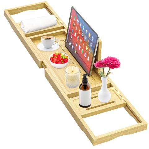Premium Bathtub Tray - Expandable Bamboo Wooden Bath Trays for Bathub - Bath Tub Table Tray for Bathtub/Tub,Adjustable Size, Fits Most Tubs
