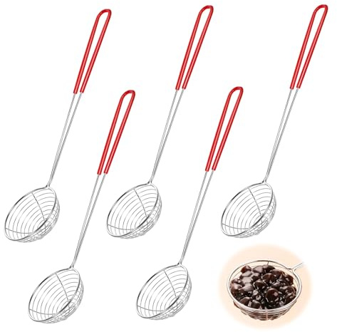 Un set di 5 colini da cucina, in acciaio inox, scolapasta cinese, per cucina, piccolo colino, manico per fonduta cinese, perfetto per cucinare(27 x 6,5 cm)