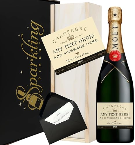Personalised Moët & Chandon Champagne Gift Set 75cl in Wooden Presentation Box - Custom Bottle Label & Message - Luxury Gift Hamper for Women & Men, Birthday, Anniversary, Wedding, Retirement