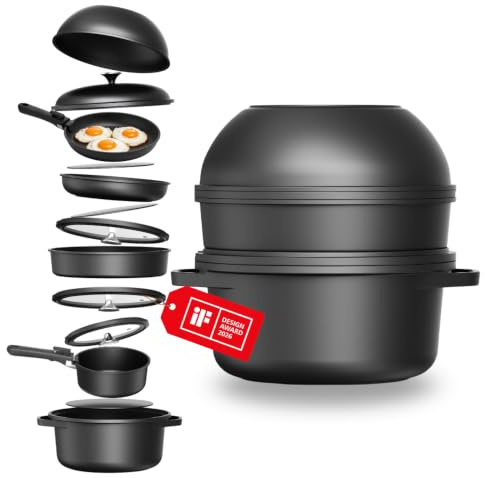 CuliStack® Ultimate Topfset 16-teilig, Töpfe & Pfannen Set mit abnehmbarem Griff, stapelbar und platzsparend, Antihaft Kochtopf Set und Kochset für Induktion und Ceranfeld, einfache Reinigung