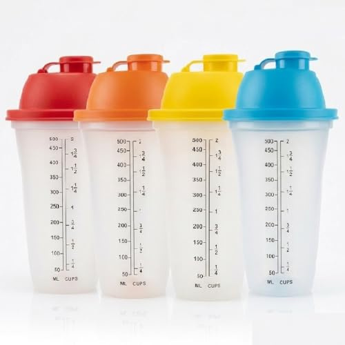 Set 4 Shaker da Cucina 50 cl in Plastica con Scala Graduata Bicchiere Dosatore 500 ml con Tappo ad incastro Multicolore Assortiti per Cocktail Proteine Pastelle Salse ed Emulsioni caffe' freddo granit